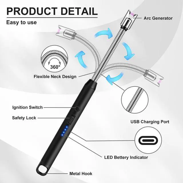 Alt view image 3 of 7 - LcFun 2 Pack Candle Lighter Windproof USB C Rechargeable Electric Lighters with 360° Flexible Neck & Safety Lock, Christmas Stocking Stuffers Gifts, Flameless Long Lighters for Candle Grill, BBQ