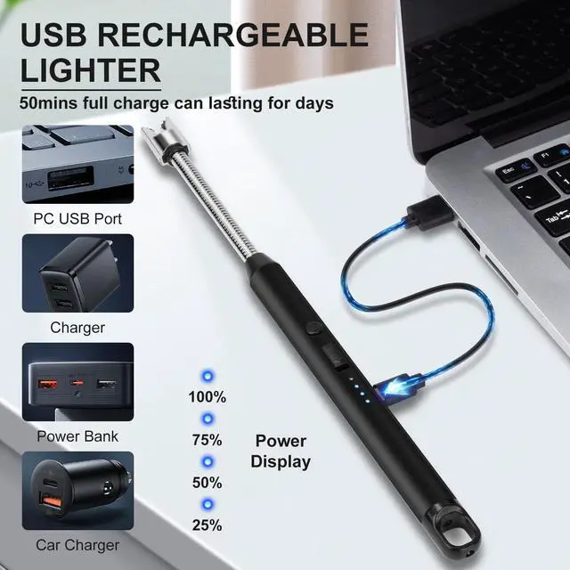 Alt view image 5 of 7 - LcFun 2 Pack Candle Lighter Windproof USB C Rechargeable Electric Lighters with 360° Flexible Neck & Safety Lock, Christmas Stocking Stuffers Gifts, Flameless Long Lighters for Candle Grill, BBQ