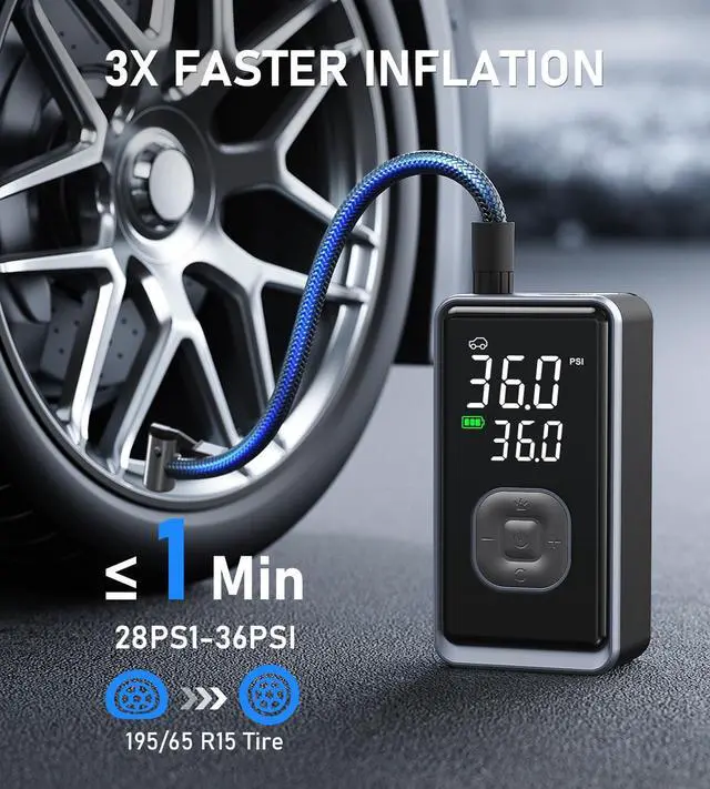 Alt view image 2 of 7 - Tire Inflator Portable Air Compressor, 150PSI Cordless Mini Air Pump with Digital Pressure, Bike Pump, 3X Fast Inflation Tire Inflator for Car, Motorcycle, Bike, Ball-LED Light and Auto Shut-Off
