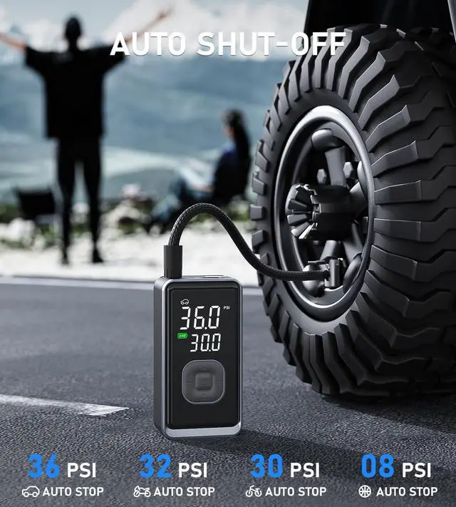 Alt view image 3 of 7 - Tire Inflator Portable Air Compressor, 150PSI Cordless Mini Air Pump with Digital Pressure, Bike Pump, 3X Fast Inflation Tire Inflator for Car, Motorcycle, Bike, Ball-LED Light and Auto Shut-Off