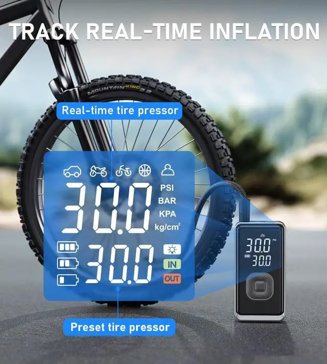 Alt view image 4 of 7 - Tire Inflator Portable Air Compressor, 150PSI Cordless Mini Air Pump with Digital Pressure, Bike Pump, 3X Fast Inflation Tire Inflator for Car, Motorcycle, Bike, Ball-LED Light and Auto Shut-Off