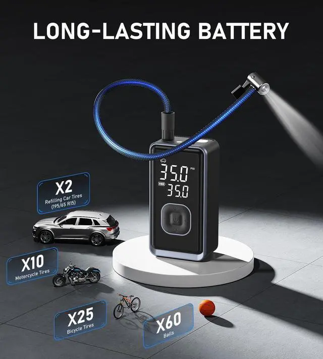 Alt view image 5 of 7 - Tire Inflator Portable Air Compressor, 150PSI Cordless Mini Air Pump with Digital Pressure, Bike Pump, 3X Fast Inflation Tire Inflator for Car, Motorcycle, Bike, Ball-LED Light and Auto Shut-Off