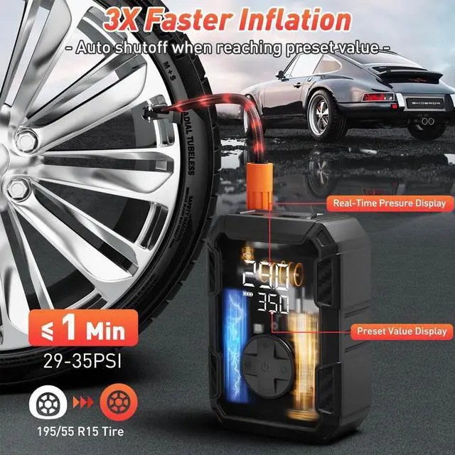 Alt view image 2 of 6 - Tire Inflator Portable Air Compressor - Air Pump for Car Tires Cordless Rechargeable, 150PSI Electric Bike Tire Pump with Pressure Gauge for Bicycle Motorcycle Ball, Gifts for Car Owner, Auto Shutoff