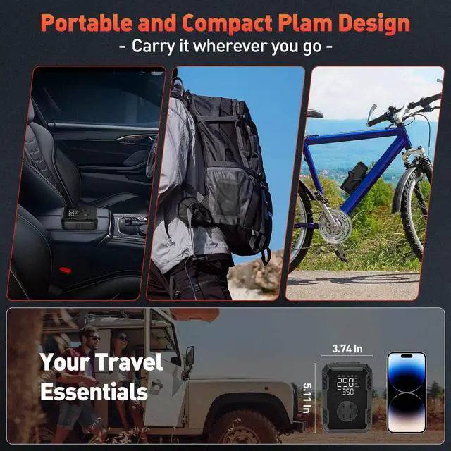 Alt view image 4 of 6 - Tire Inflator Portable Air Compressor - Air Pump for Car Tires Cordless Rechargeable, 150PSI Electric Bike Tire Pump with Pressure Gauge for Bicycle Motorcycle Ball, Gifts for Car Owner, Auto Shutoff