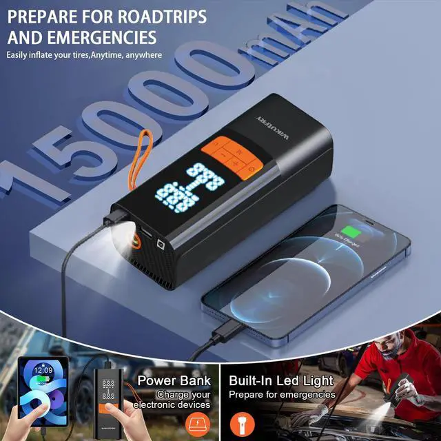 Alt view image 6 of 7 - Tire Inflator Portable Air Compressor, 15000mAh and 150PSI Car Tire Pump with Pressure Display for Cars, Motorcycles, Bicycles, Ball Bikes with Pressure Gauge,