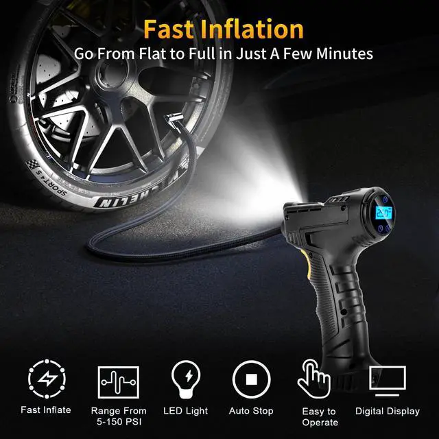Alt view image 5 of 6 - 150PSI Portable Air Compressor for Car Tires  Digital Tire Inflator with LED Flashlight, 12V Auto Pump for Cars, Motorcycles, Bikes, and Sports Balls