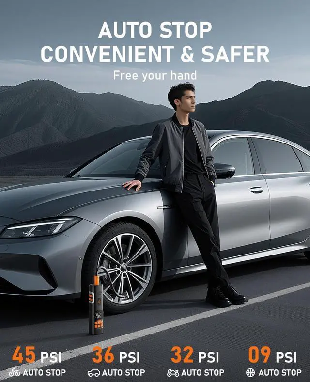 Alt view image 3 of 7 - Tire Inflator Portable Air Compressor, 150PSI Air Pump for Car Tires, LED Light & Auto Shutoff, Cordless Electric Bike Tire Pump with Digital Pressure Gauge for Car, Motorcycle, Bicycle, Ball