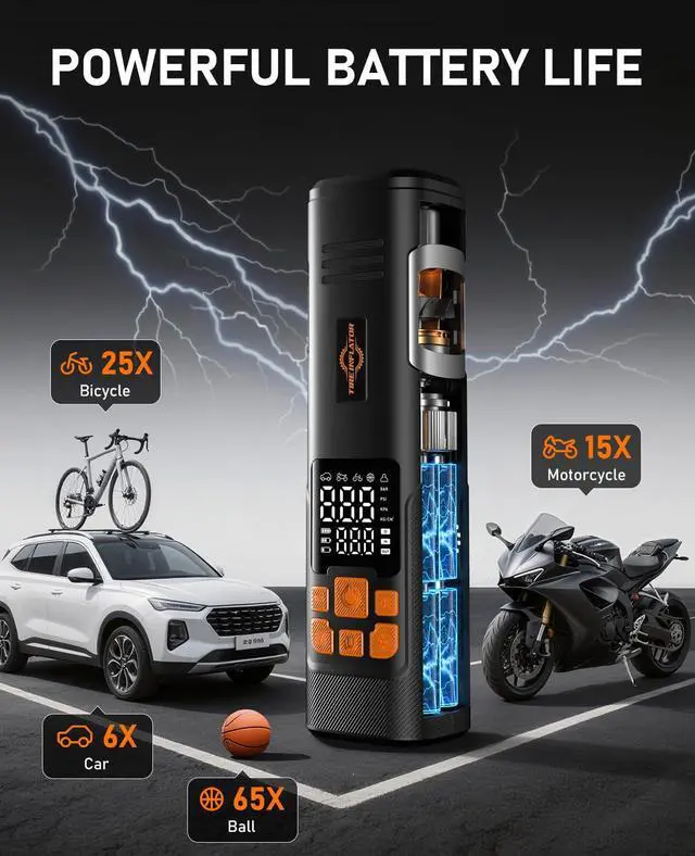 Alt view image 5 of 7 - Tire Inflator Portable Air Compressor, 150PSI Air Pump for Car Tires, LED Light & Auto Shutoff, Cordless Electric Bike Tire Pump with Digital Pressure Gauge for Car, Motorcycle, Bicycle, Ball