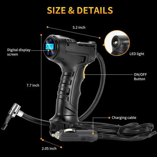 Alt view image 3 of 6 - 150PSI Portable Air Compressor for Car Tires  Digital Tire Inflator with LED Flashlight, 12V Auto Pump for Cars, Motorcycles, Bikes, and Sports Balls