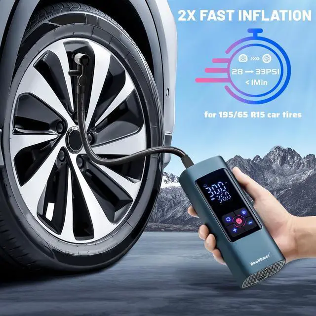 Alt view image 2 of 7 - Tire Inflator Portable Air Compressor: Cordless Air Pump for Car Tires 150PSI - Tire Pump with Pressure Gauge for Car Bike Motorcycle Balls (Grey Blue)