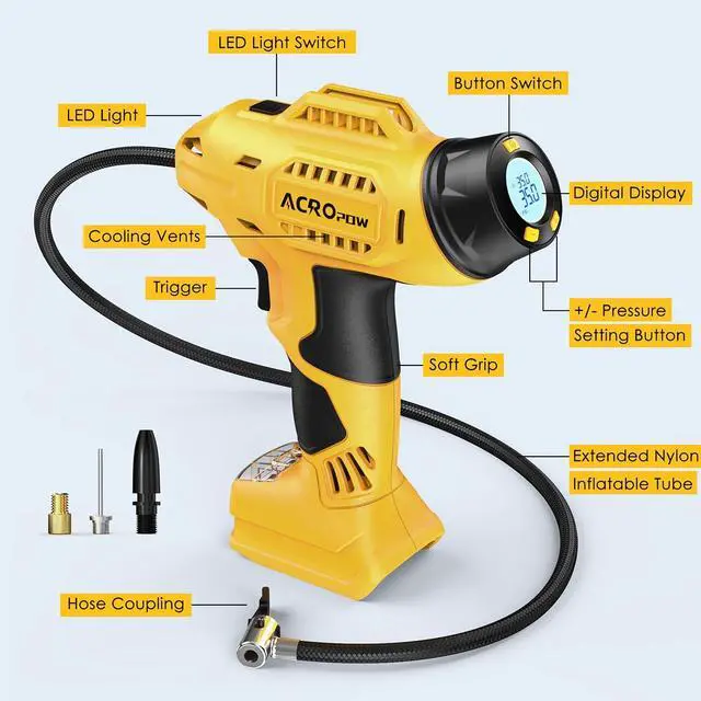 Alt view image 2 of 7 - ACROPOW Tire Inflator Portable Air Compressor for Dewalt 20V Battery, Cordless Car Tire Pump with 12V DC Adapter and Digital Pressure Gauge for Car Tires, SUV, Motorcycles, etc.(Tool Only)