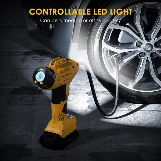 Alt view image 6 of 7 - ACROPOW Tire Inflator Portable Air Compressor for Dewalt 20V Battery, Cordless Car Tire Pump with 12V DC Adapter and Digital Pressure Gauge for Car Tires, SUV, Motorcycles, etc.(Tool Only)