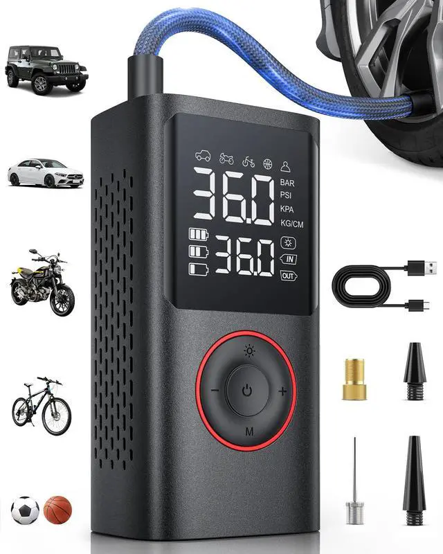 Main image of Powools Tire Inflator Portable Air Compressor, 150 PSI Cordless Bike Pump, Air Pump for Auto, Motorcycle, Bicycle, Balls with Pressure Gauge, LED Light & Car Accessories, Black, Standard Capacity