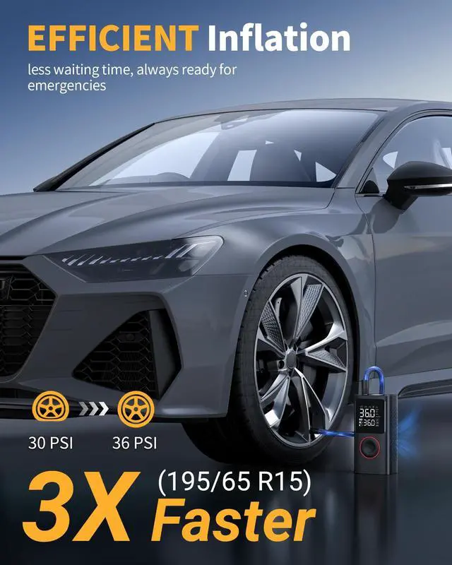 Alt view image 2 of 7 - Powools Tire Inflator Portable Air Compressor, 150 PSI Cordless Bike Pump, Air Pump for Auto, Motorcycle, Bicycle, Balls with Pressure Gauge, LED Light & Car Accessories, Black, Standard Capacity