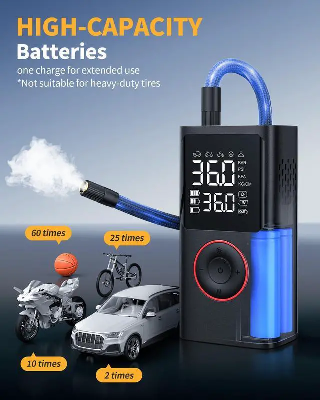 Alt view image 3 of 7 - Powools Tire Inflator Portable Air Compressor, 150 PSI Cordless Bike Pump, Air Pump for Auto, Motorcycle, Bicycle, Balls with Pressure Gauge, LED Light & Car Accessories, Black, Standard Capacity