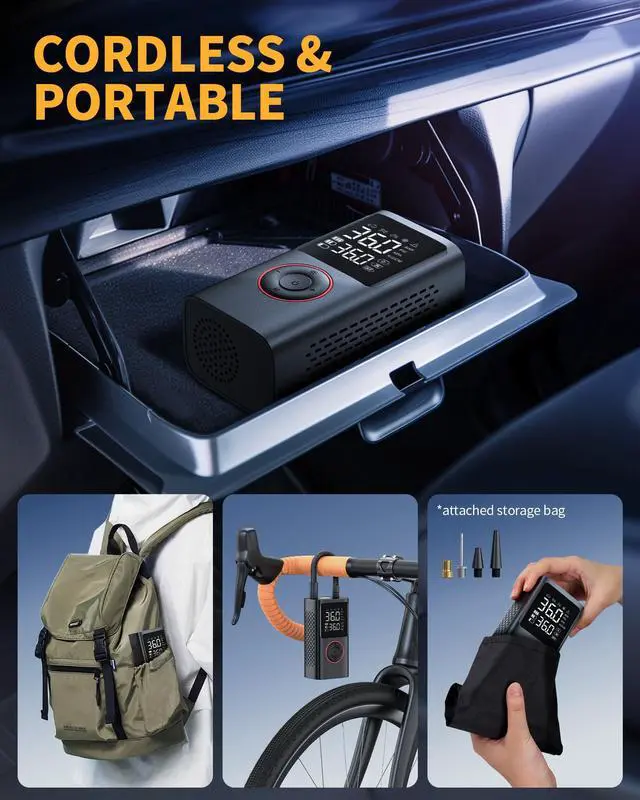 Alt view image 5 of 7 - Powools Tire Inflator Portable Air Compressor, 150 PSI Cordless Bike Pump, Air Pump for Auto, Motorcycle, Bicycle, Balls with Pressure Gauge, LED Light & Car Accessories, Black, Standard Capacity