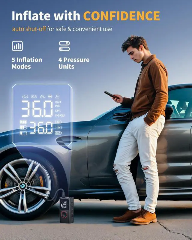 Alt view image 6 of 7 - Powools Tire Inflator Portable Air Compressor, 150 PSI Cordless Bike Pump, Air Pump for Auto, Motorcycle, Bicycle, Balls with Pressure Gauge, LED Light & Car Accessories, Black, Standard Capacity