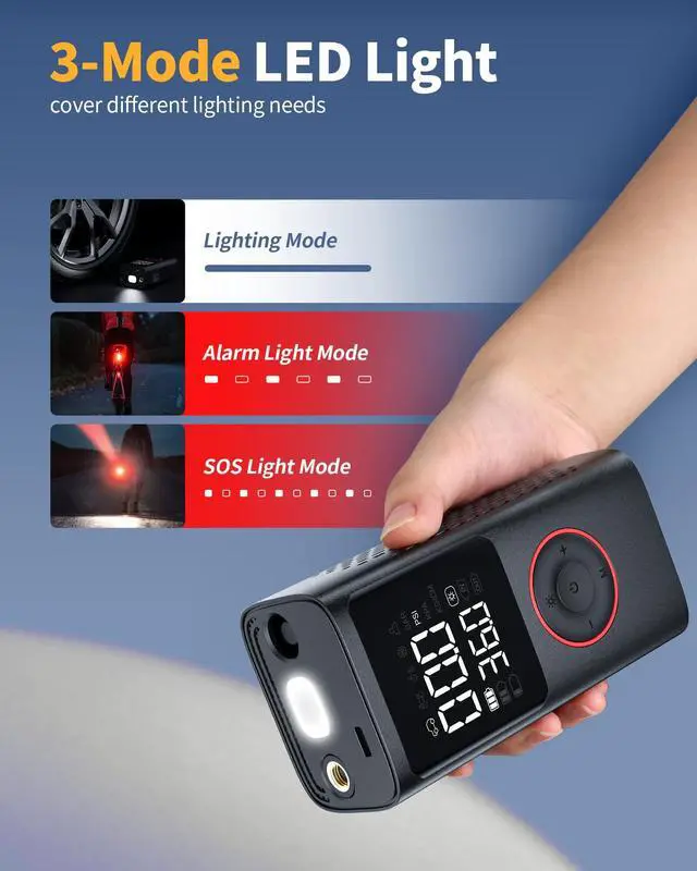 Alt view image 7 of 7 - Powools Tire Inflator Portable Air Compressor, 150 PSI Cordless Bike Pump, Air Pump for Auto, Motorcycle, Bicycle, Balls with Pressure Gauge, LED Light & Car Accessories, Black, Standard Capacity