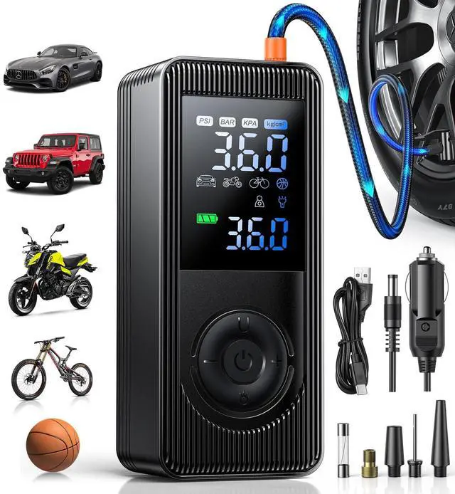 Main image of Tire Inflator Portable Air Compressor - 150 PSI Fast Inflation Rechargeable Battery & 12V DC Adapter Powered Air Pump for Car Bike Motorcycle Tires Balls with LCD Display, LED Light, Pressure Gauge