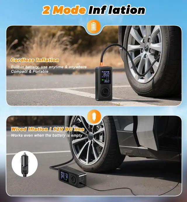 Alt view image 2 of 7 - Tire Inflator Portable Air Compressor - 150 PSI Fast Inflation Rechargeable Battery & 12V DC Adapter Powered Air Pump for Car Bike Motorcycle Tires Balls with LCD Display, LED Light, Pressure Gauge