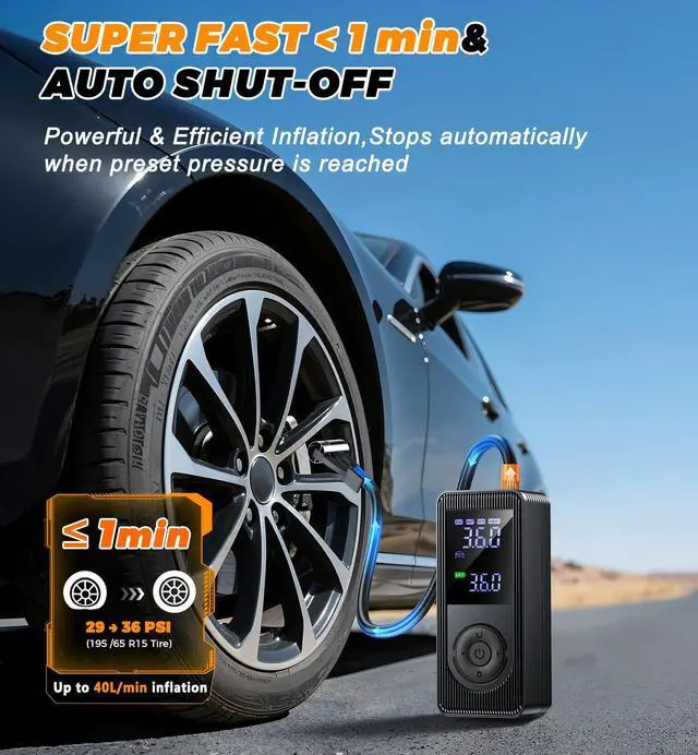 Alt view image 3 of 7 - Tire Inflator Portable Air Compressor - 150 PSI Fast Inflation Rechargeable Battery & 12V DC Adapter Powered Air Pump for Car Bike Motorcycle Tires Balls with LCD Display, LED Light, Pressure Gauge