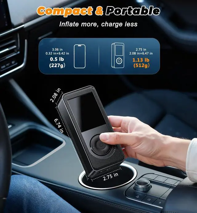 Alt view image 5 of 7 - Tire Inflator Portable Air Compressor - 150 PSI Fast Inflation Rechargeable Battery & 12V DC Adapter Powered Air Pump for Car Bike Motorcycle Tires Balls with LCD Display, LED Light, Pressure Gauge