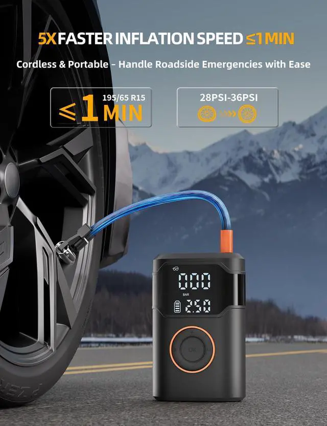 Alt view image 2 of 7 - Tire Inflator Portable Air Compressor-150PSI Cordless Tire Air Pump, 5X Faster with Digital Gauge, Auto-Off & LED Light, Air Pump for Car Tires, Motorcycle, Bike, Balls & More