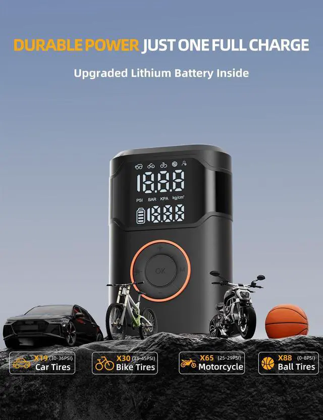 Alt view image 3 of 7 - Tire Inflator Portable Air Compressor-150PSI Cordless Tire Air Pump, 5X Faster with Digital Gauge, Auto-Off & LED Light, Air Pump for Car Tires, Motorcycle, Bike, Balls & More