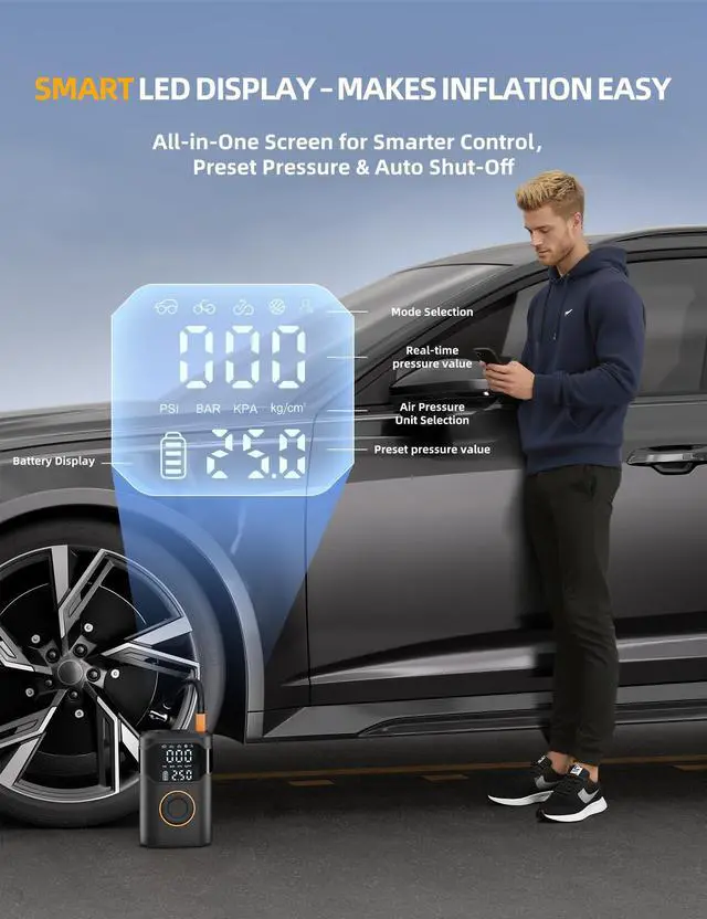 Alt view image 5 of 7 - Tire Inflator Portable Air Compressor-150PSI Cordless Tire Air Pump, 5X Faster with Digital Gauge, Auto-Off & LED Light, Air Pump for Car Tires, Motorcycle, Bike, Balls & More