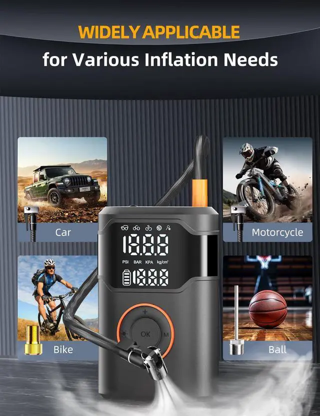 Alt view image 6 of 7 - Tire Inflator Portable Air Compressor-150PSI Cordless Tire Air Pump, 5X Faster with Digital Gauge, Auto-Off & LED Light, Air Pump for Car Tires, Motorcycle, Bike, Balls & More