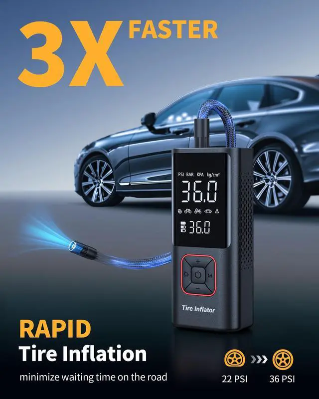 Alt view image 2 of 7 - Powools Cordless Tire Inflator Portable Air Compressor - 150PSI Air Pump with Auto Shutoff Function for Car Tires, Inflatables, Motorcycle, Balls, Compact Bike Tire Pump with LED Light, Red, Large