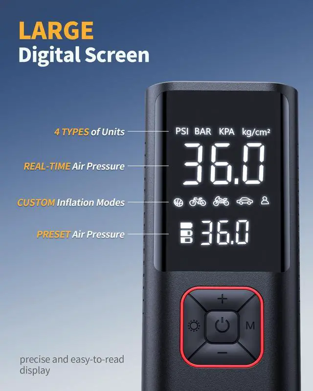 Alt view image 3 of 7 - Powools Cordless Tire Inflator Portable Air Compressor - 150PSI Air Pump with Auto Shutoff Function for Car Tires, Inflatables, Motorcycle, Balls, Compact Bike Tire Pump with LED Light, Red, Large