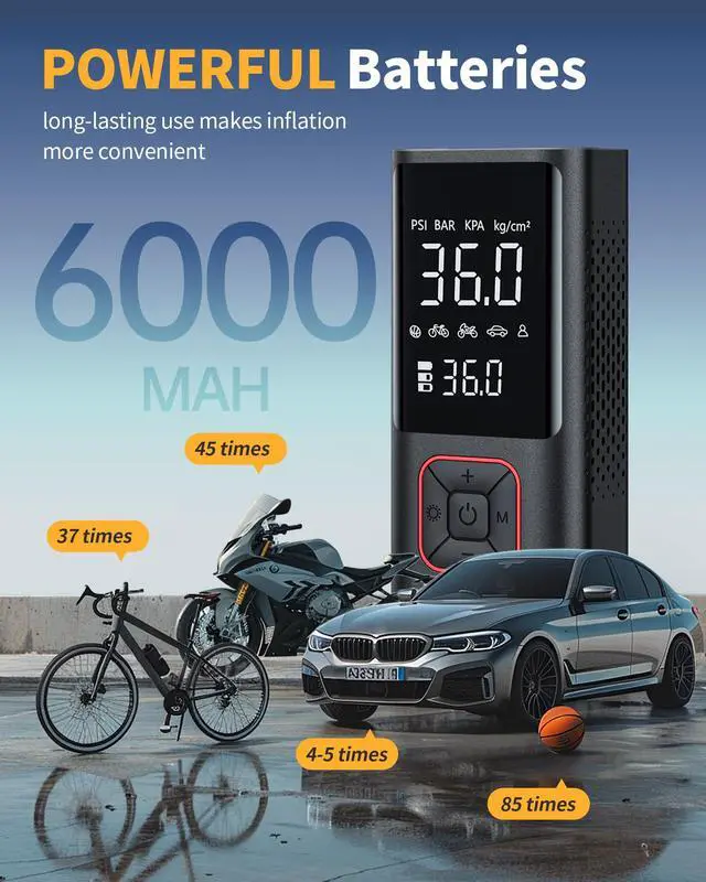 Alt view image 4 of 7 - Powools Cordless Tire Inflator Portable Air Compressor - 150PSI Air Pump with Auto Shutoff Function for Car Tires, Inflatables, Motorcycle, Balls, Compact Bike Tire Pump with LED Light, Red, Large