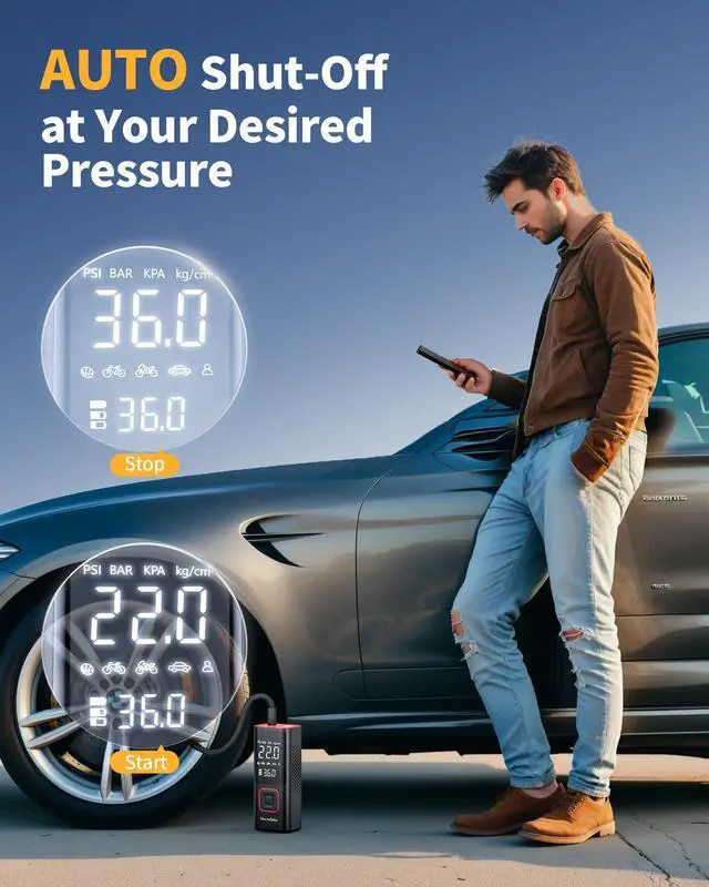 Alt view image 5 of 7 - Powools Cordless Tire Inflator Portable Air Compressor - 150PSI Air Pump with Auto Shutoff Function for Car Tires, Inflatables, Motorcycle, Balls, Compact Bike Tire Pump with LED Light, Red, Large