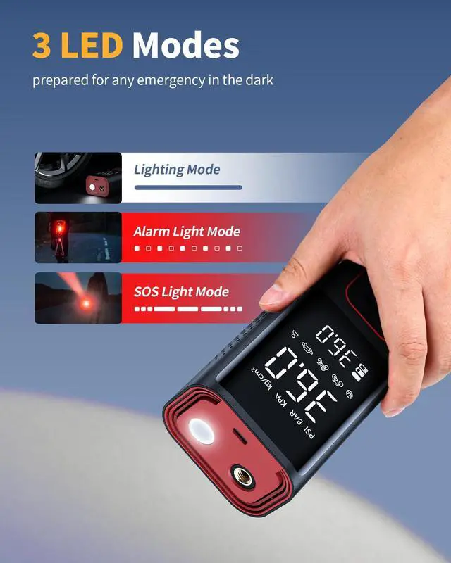 Alt view image 6 of 7 - Powools Cordless Tire Inflator Portable Air Compressor - 150PSI Air Pump with Auto Shutoff Function for Car Tires, Inflatables, Motorcycle, Balls, Compact Bike Tire Pump with LED Light, Red, Large