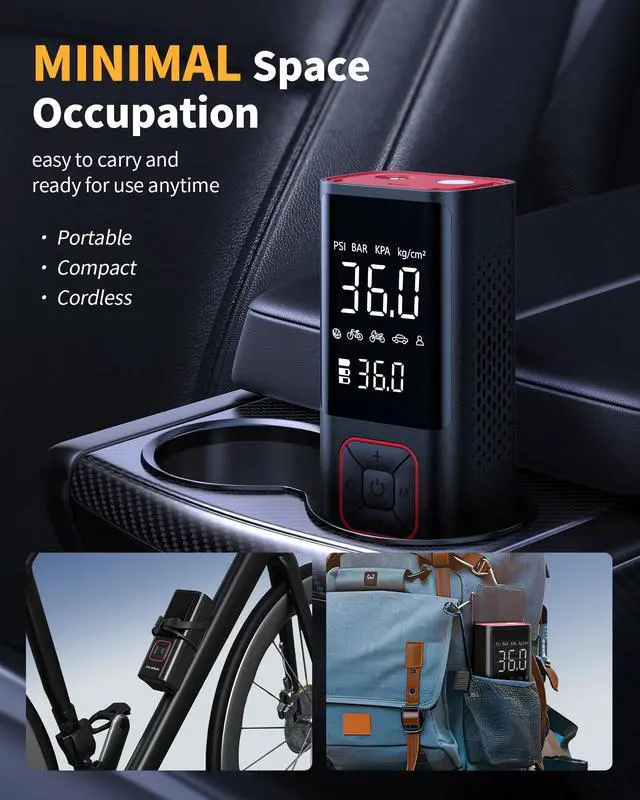 Alt view image 7 of 7 - Powools Cordless Tire Inflator Portable Air Compressor - 150PSI Air Pump with Auto Shutoff Function for Car Tires, Inflatables, Motorcycle, Balls, Compact Bike Tire Pump with LED Light, Red, Large