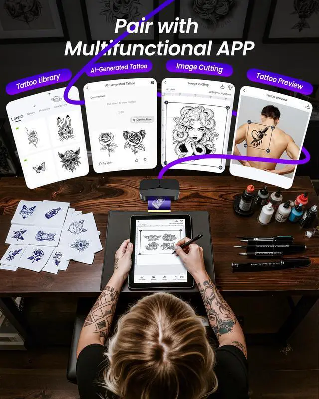 Alt view image 4 of 7 - TATTMUSE 2025 New Series TP32 Tattoo Stencil Printer, Mini Tattoo Printer with 30 Pcs Transfer Paper, Stencil Printers for Tattooing, Tattoo Machine for Artists & Beginners