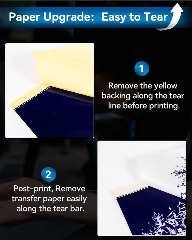 Alt view image 3 of 7 - Phomemo (Upgraded) Tattoo Stencil Paper, 110 Sheets A4 Size Transfer Paper for Tattoo Supplies Kit, Compatible with M08F, TP81, Itari A886, Stencil Printers for Tattoo Artists & Beginners