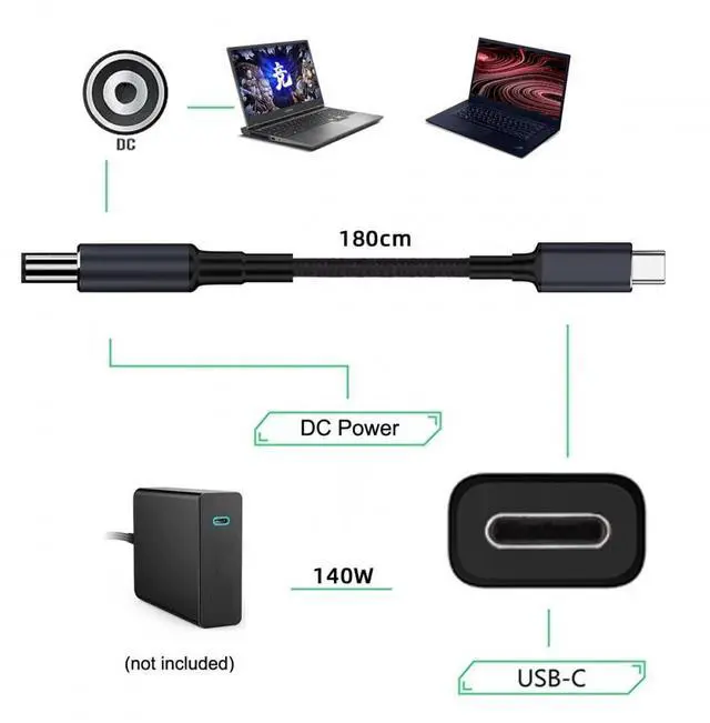 Alt view image 5 of 7 - CY Cable Type C USB-C Input to 20V DC 5.5 * 2.1mm Output Power 100W 135W 140W 65W PD Charge Cable for Laptop