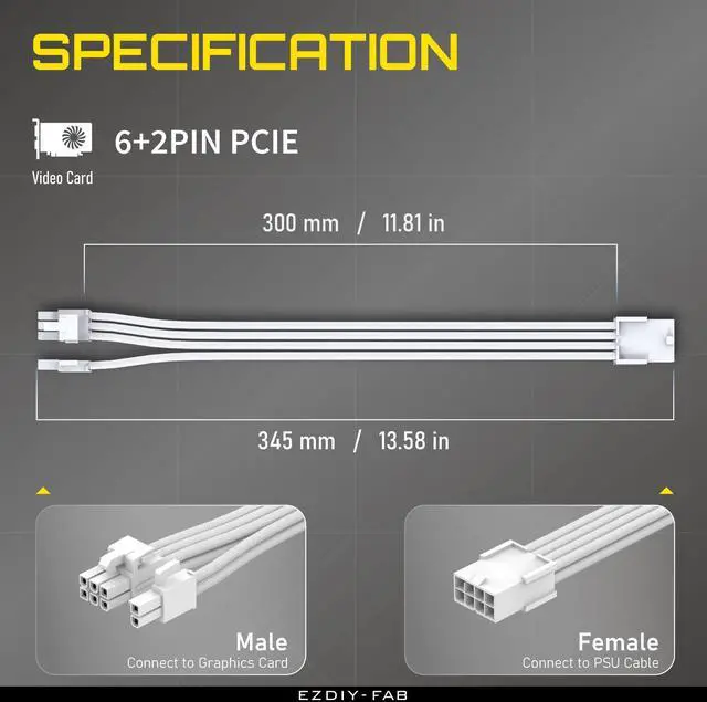Alt view image 2 of 7 - EZDIY-FAB PCIe 8-Pin Female to PCIe 8-Pin (6+2) Male Power Supply Adapter Extension Cable for Graphics Card or PCIe Device 11.8 inch (30 cm)-All White