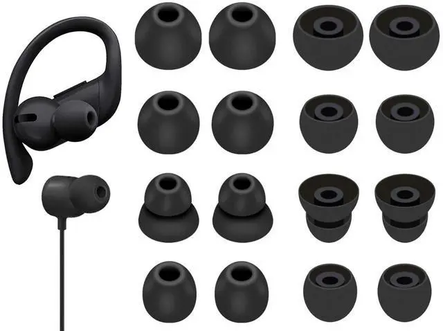 Main image of 8 Pairs Powerbeats Pro Ear Tips Buds, 4 Size Replacement Soft Flexible Fit in Case Noise Reduce Silicone Rubber Gel Earbuds Eartips Wing Skin Accessories Compatible with Beats Flex/BeatsX - Black
