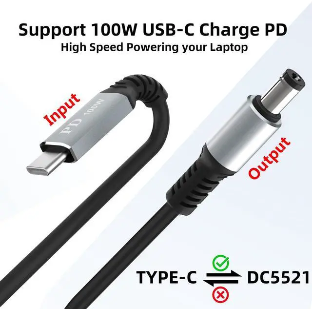 Alt view image 2 of 6 - HIEbee USB C to DC 5.5mm x 2.1mm Power Charging Cord for Laptop (5521), (9.9ft USB Type C Male Input to DC 5.5 x 2.1mm Male Power Output£¬Output 20V 5A Max.Portable for Travel,Study,Outdoor Test.