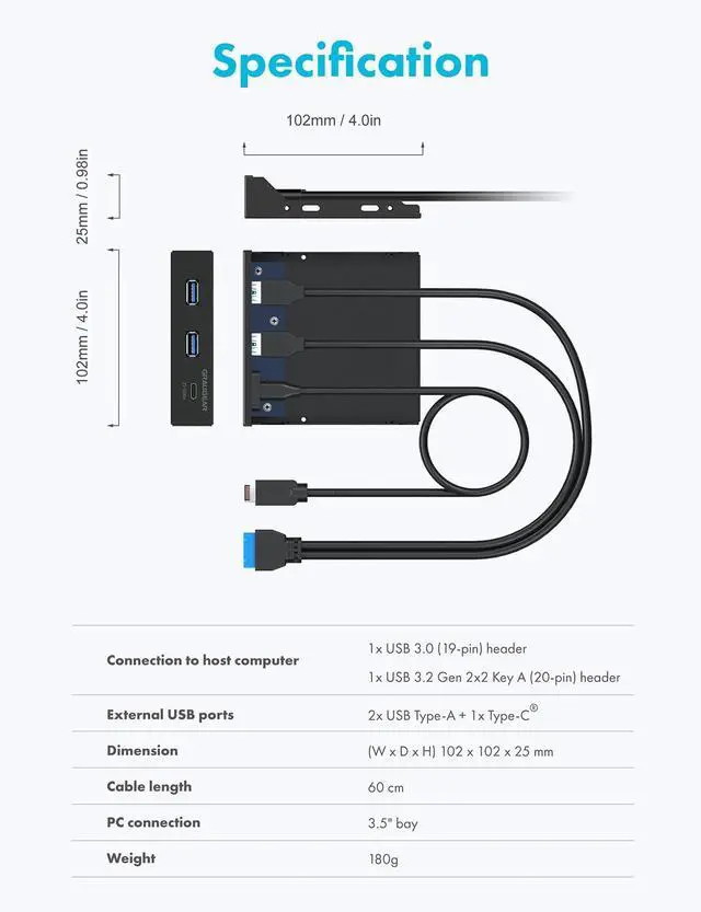 Alt view image 7 of 7 - GRAUGEAR 3.5 Inch Front Panel USB Hub, Internal USB Hub with 20Gbps USB3.2 Gen2 USB-C and USB 3.0 Ports, USB3.2 Type-E Key-A 20-Pin Header & USB3.0 Header Required, Fits 3.5" PC Computer Case [G-MP01]