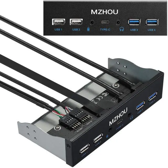 Main image of MZHOU USB2.0 + 3.0 Metal Front, 5.25 inch 19Pin Front Panel Adapter, 4 USB 3.0 Port hubs and (1HD Audio Port / 1TPY-C Port / 1 Microphone Input)