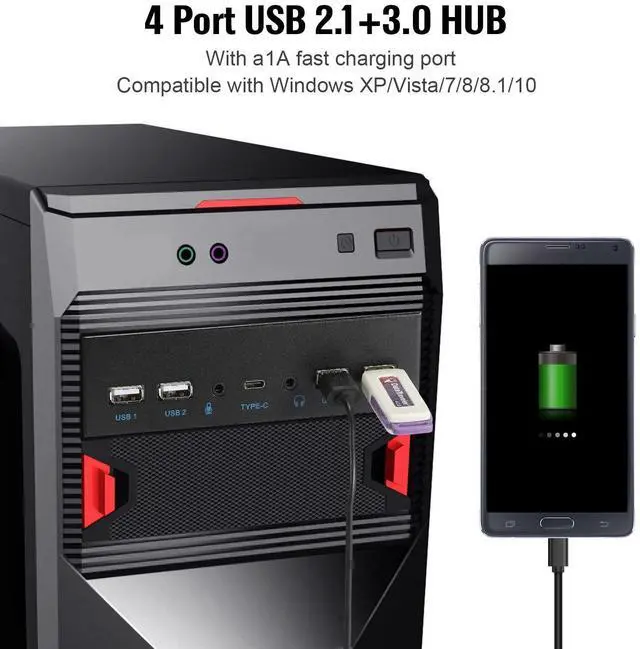 Alt view image 5 of 7 - MZHOU USB2.0 + 3.0 Metal Front, 5.25 inch 19Pin Front Panel Adapter, 4 USB 3.0 Port hubs and (1HD Audio Port / 1TPY-C Port / 1 Microphone Input)