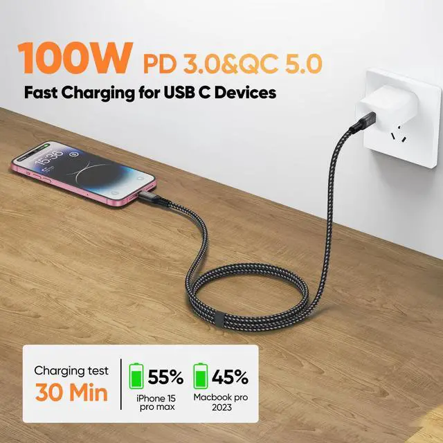 Alt view image 4 of 7 - DteeDck USB C Monitor Cable 6Ft, 4K@60Hz Video Display/20Gbps Data Transfer/100W Fast Charging USB Type C Power Cord USBC 3.2 Gen 2 Full Function for Monitor Laptop Docking Station External SSD