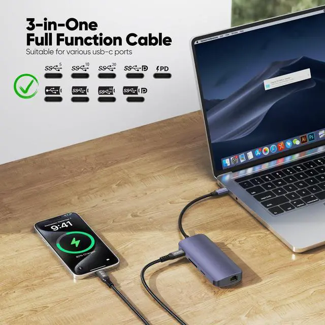 Alt view image 6 of 7 - DteeDck USB C Monitor Cable 6Ft, 4K@60Hz Video Display/20Gbps Data Transfer/100W Fast Charging USB Type C Power Cord USBC 3.2 Gen 2 Full Function for Monitor Laptop Docking Station External SSD