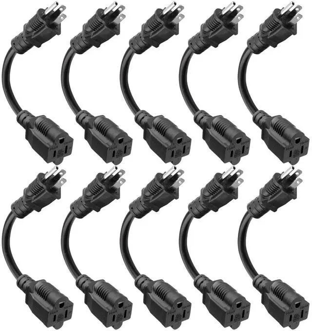 Main image of 8 inch Short Power Extension Cord Outlet Saver, ETL Listed, SJTW 16AWG/13A 3 Prong Indoor/Outdoor Use, 10 Pack, Black
