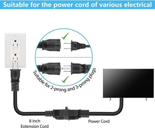 Alt view image 4 of 7 - 8 inch Short Power Extension Cord Outlet Saver, ETL Listed, SJTW 16AWG/13A 3 Prong Indoor/Outdoor Use, 10 Pack, Black