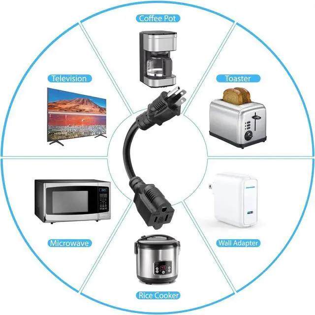 Alt view image 5 of 7 - 8 inch Short Power Extension Cord Outlet Saver, ETL Listed, SJTW 16AWG/13A 3 Prong Indoor/Outdoor Use, 10 Pack, Black